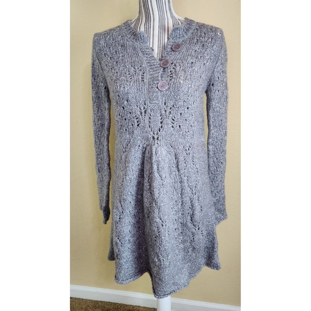 Anthropologie Kenji Womens Wool Blend Sweater Dress‎ Size M Gray Cable Open Knit